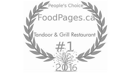 Two feather like leaf motifs in grey represent the Foodpages.ca People's Choice award logo for #1 restaurant to Tandoor & Grill located onsite at Stanford Fernie Resort in British Columbia.