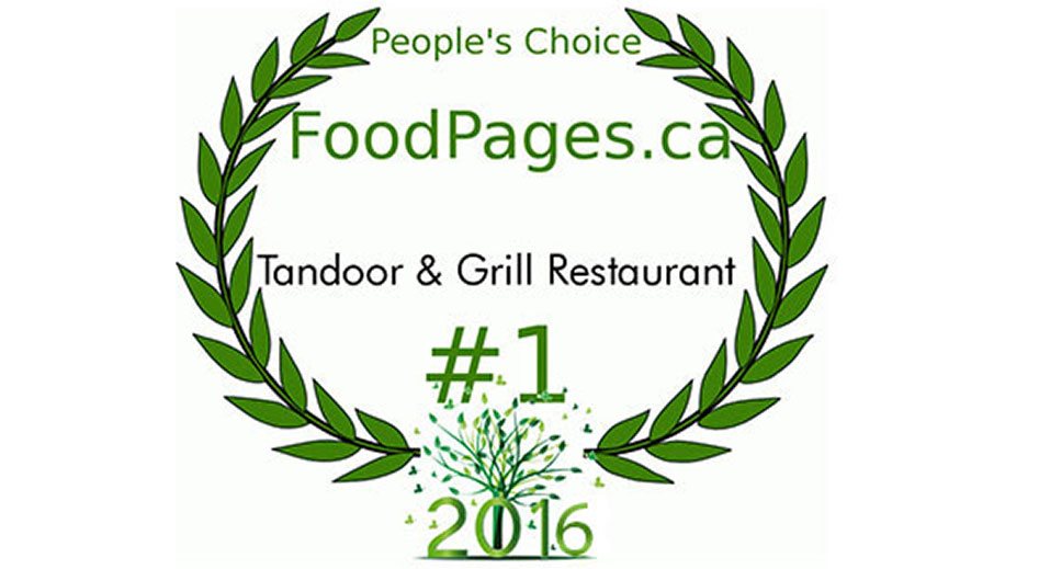 Green laurel crown leaf icons represent the FoodPages.ca People's Choice award for #1 Restaurant of 2016 to the Tandoor & Grill located at the Stanford Fernie Resort.