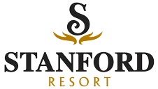 Small corporate logo of the Stanford Fernie Resort featuring the capital letter S and Stanford in black lettering, and Resort written in gold lettering with two gold motifs underscoring the letter S.